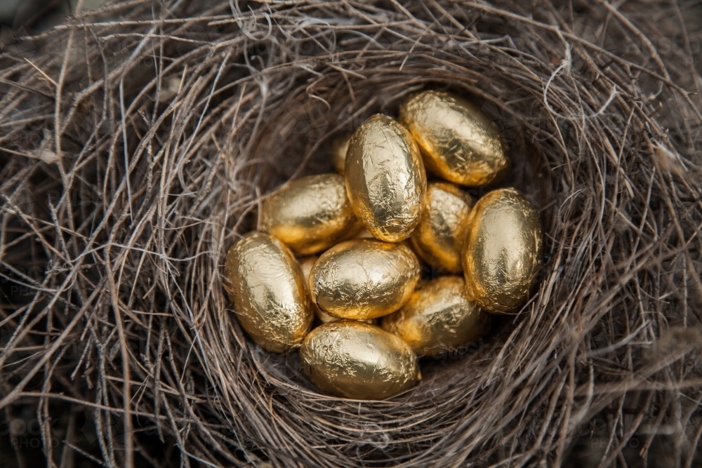 Gold foil wrapped Easter eggs in bird nest - Australian Stock Image