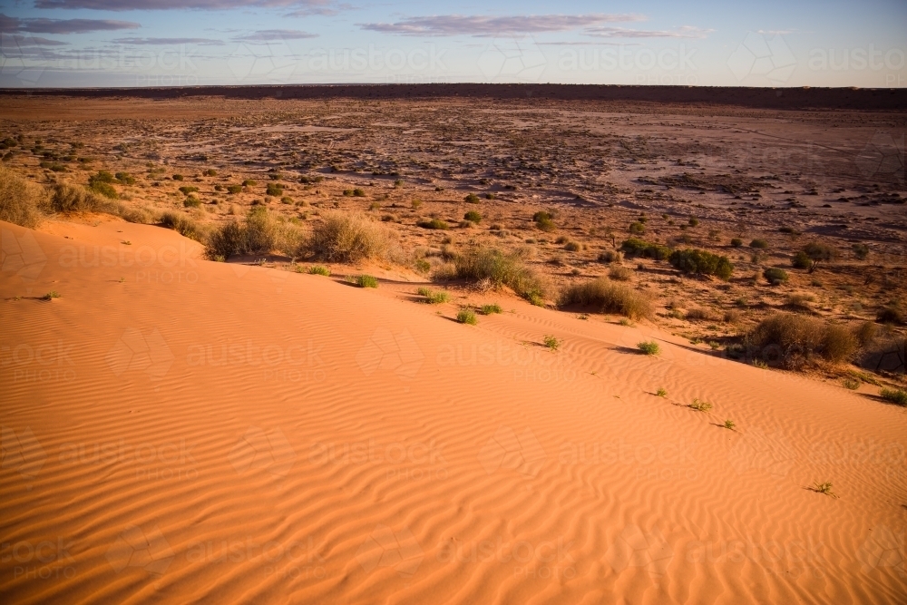 Golden light on patterned sand dune - Australian Stock Image