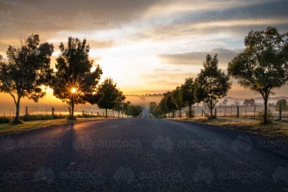Golden rays of the morning sun on a country road on a moody country morning - Australian Stock Image