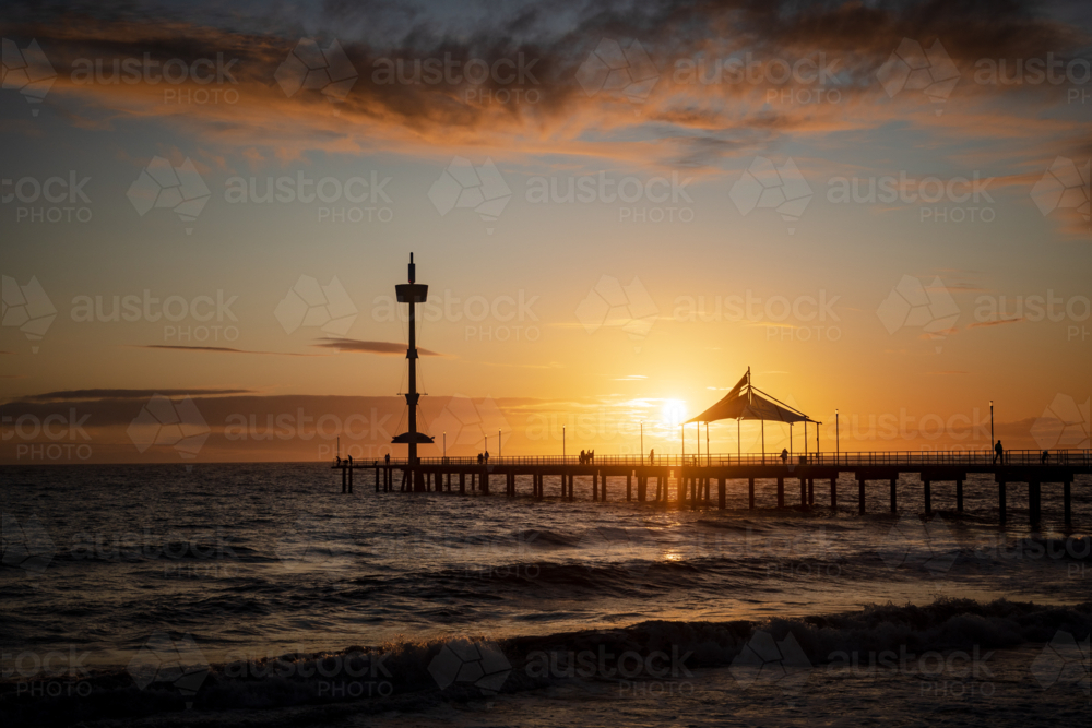 Golden Sunset Over the Sea at Brighton Jetty, Adelaide - Australian Stock Image