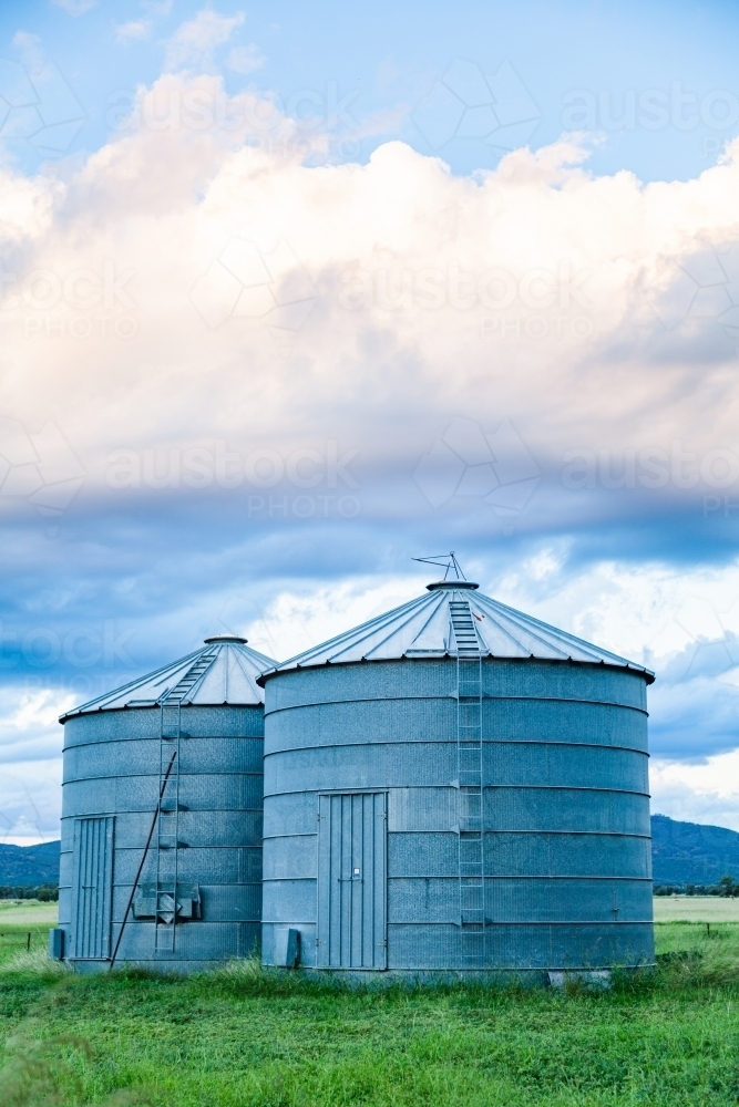 Good times on a farm with green grass and grain silos - Australian Stock Image