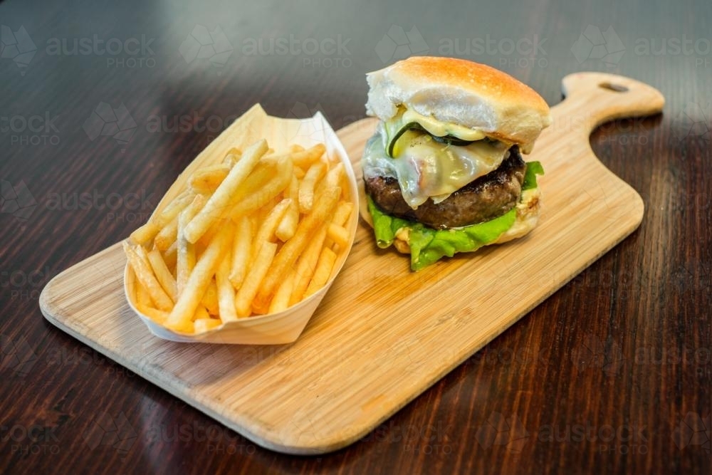 Image of Gourmet Beef Burger and Chips Austockphoto