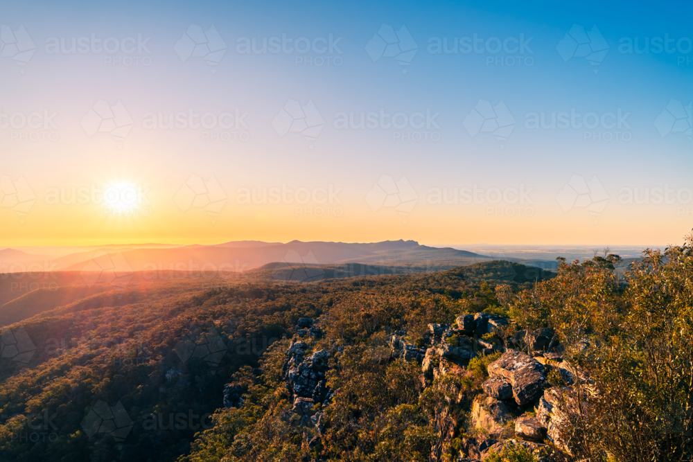 Grampians (Gariwerd) National Park viewed from the Reed Lookout during sunset, Victoria, Australia - Australian Stock Image