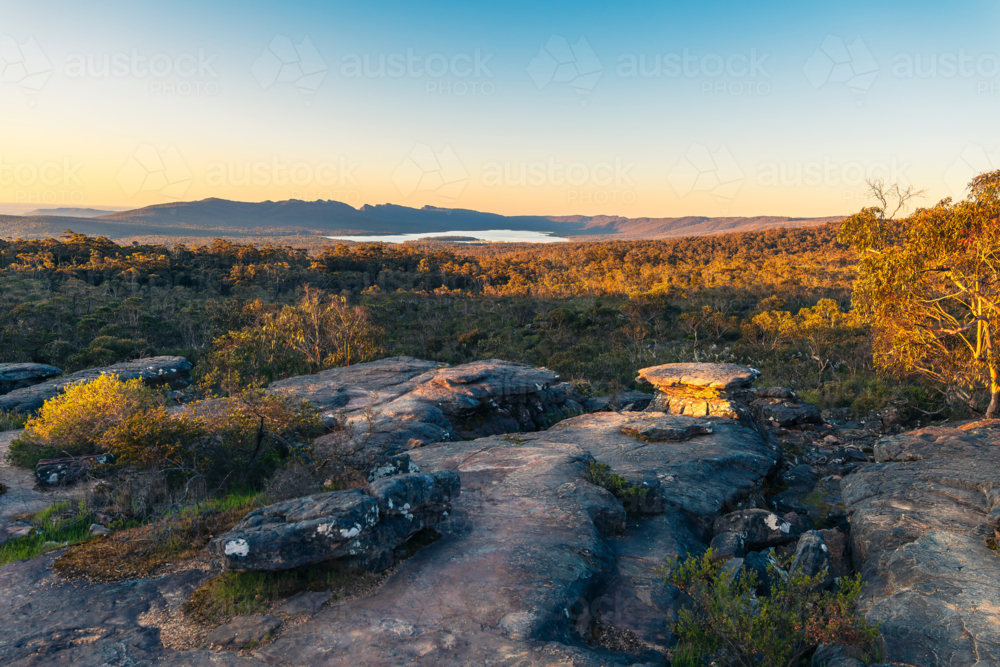 Grampians mountains vista landscape viewed towards Wartook Reservoir from the Reeds Lookout - Australian Stock Image