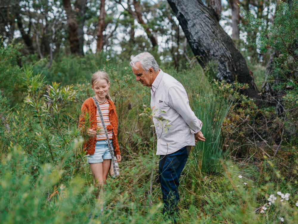 Grandfather exploring Australian Bushland with granddaughter standing amongst plants - Australian Stock Image
