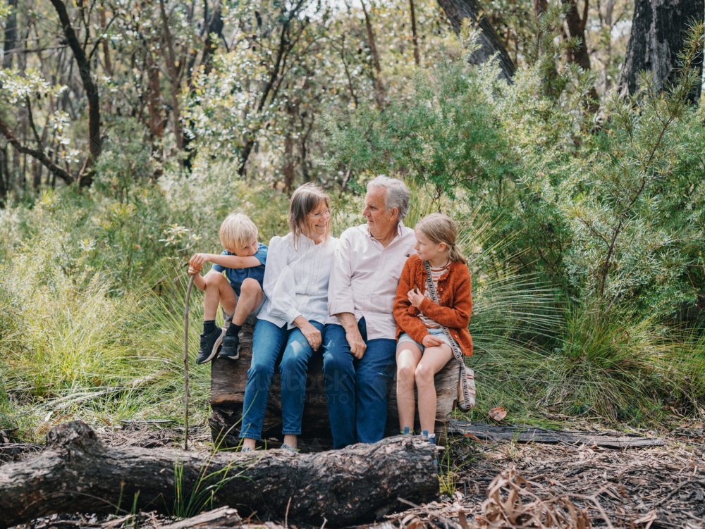 Grandmother and grandfather enjoying Australian Bushland with Grandchildren - Australian Stock Image