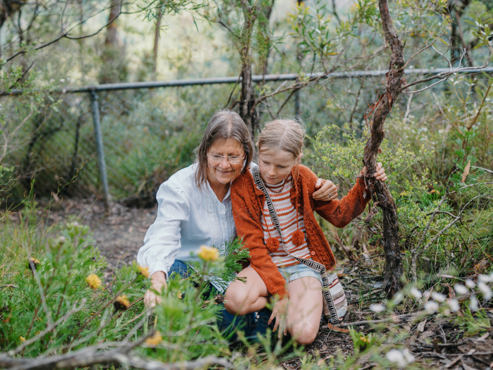 Grandmother showing young granddaughter Australian Natives - Australian Stock Image