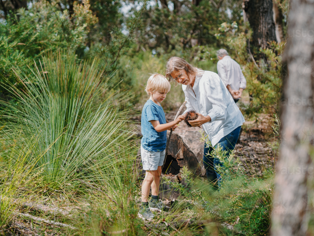 Grandmother spending time with grandson in nature exploring the bush - Australian Stock Image