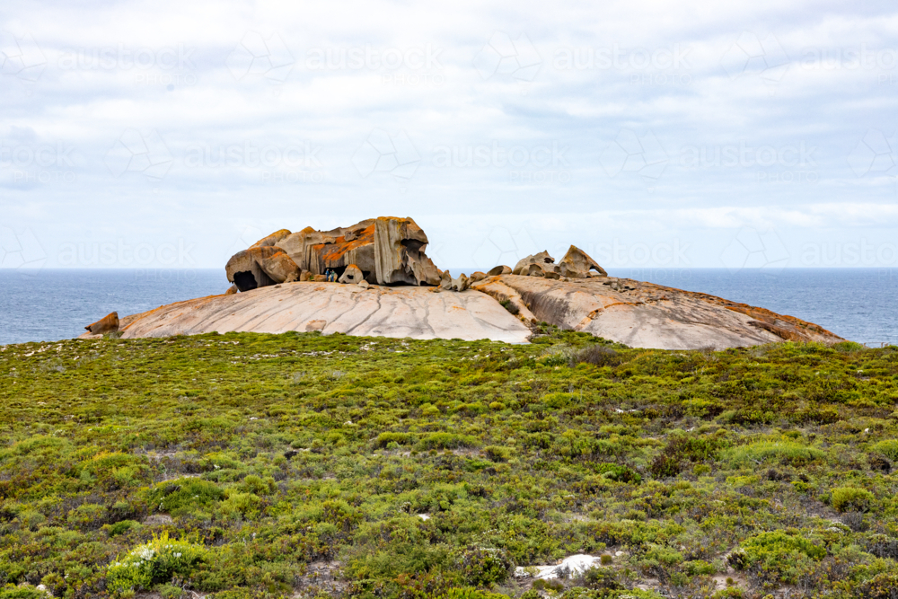 Granite Boulders on Grassy Headland at Remarkable Rocks, Kangaroo Island - Australian Stock Image