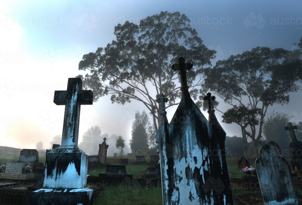 Graveyard headstone crosses at dawn with fog and gumtrees - Australian Stock Image