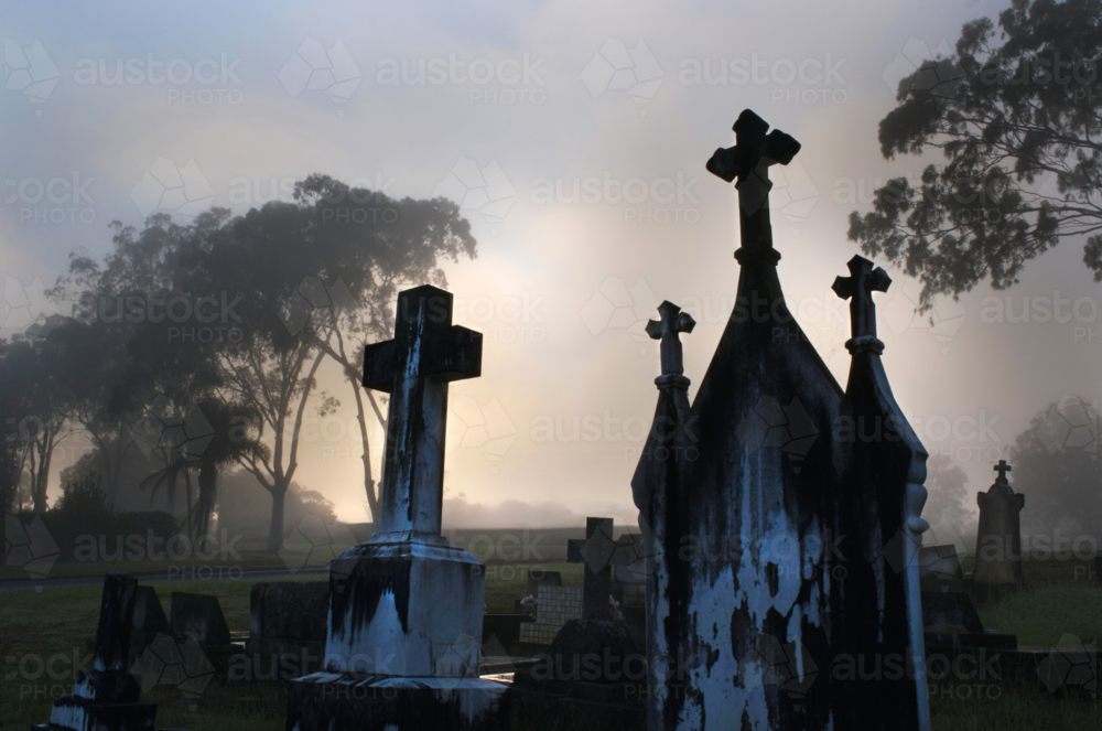 graveyard headstone crosses at dawn with fog and gumtrees setting sad scene - Australian Stock Image