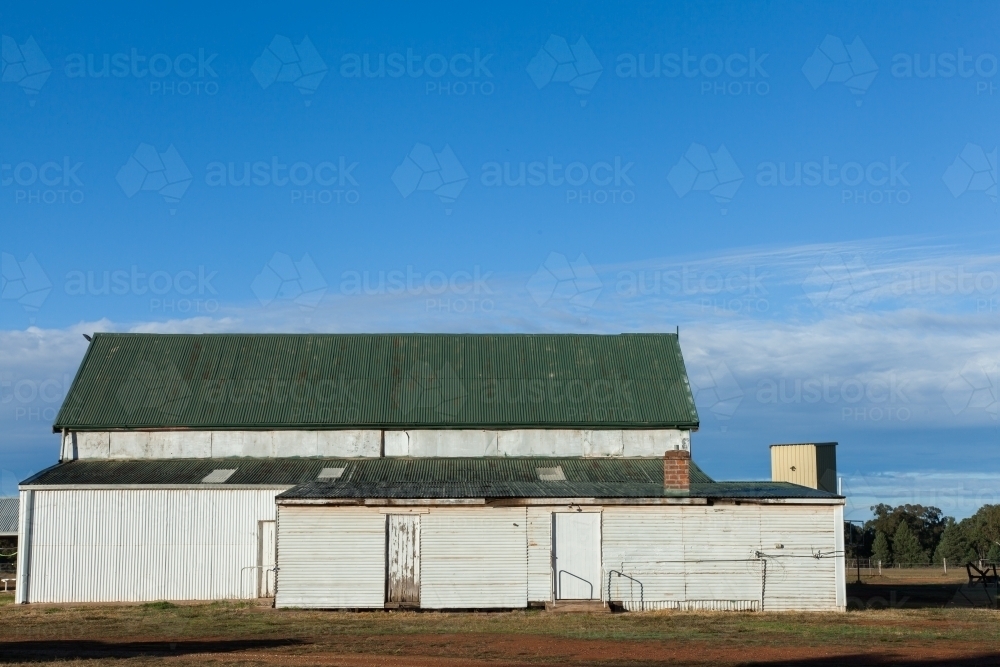 Green and white shed in Trundle showground - Australian Stock Image