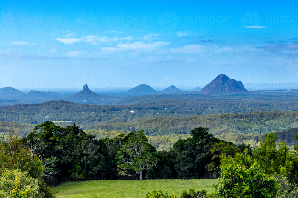 Green bush land below blue sky with Glasshouse mountains on horizon - Australian Stock Image