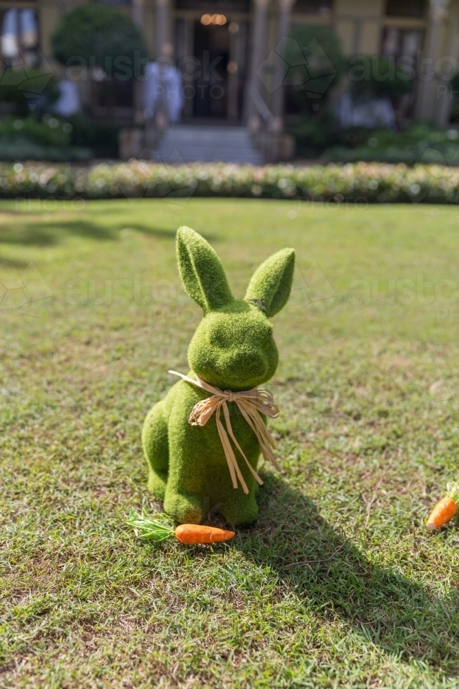 Green Easter bunny with carrots on lawn - Australian Stock Image