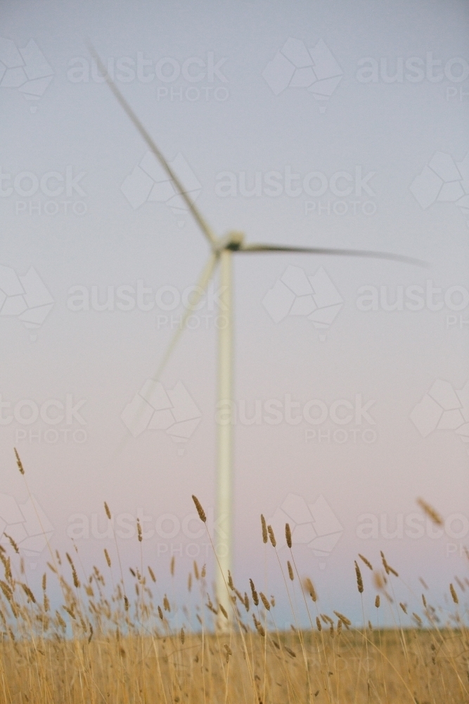 Green energy wind turbine in the countryside at dusk - Australian Stock Image