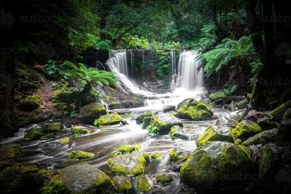 Green moss covered stones in front of a flowing waterfall. - Australian Stock Image
