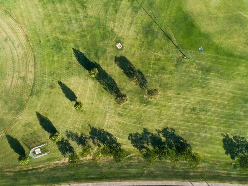 Green playing field and parkland with trees shot from above - Australian Stock Image