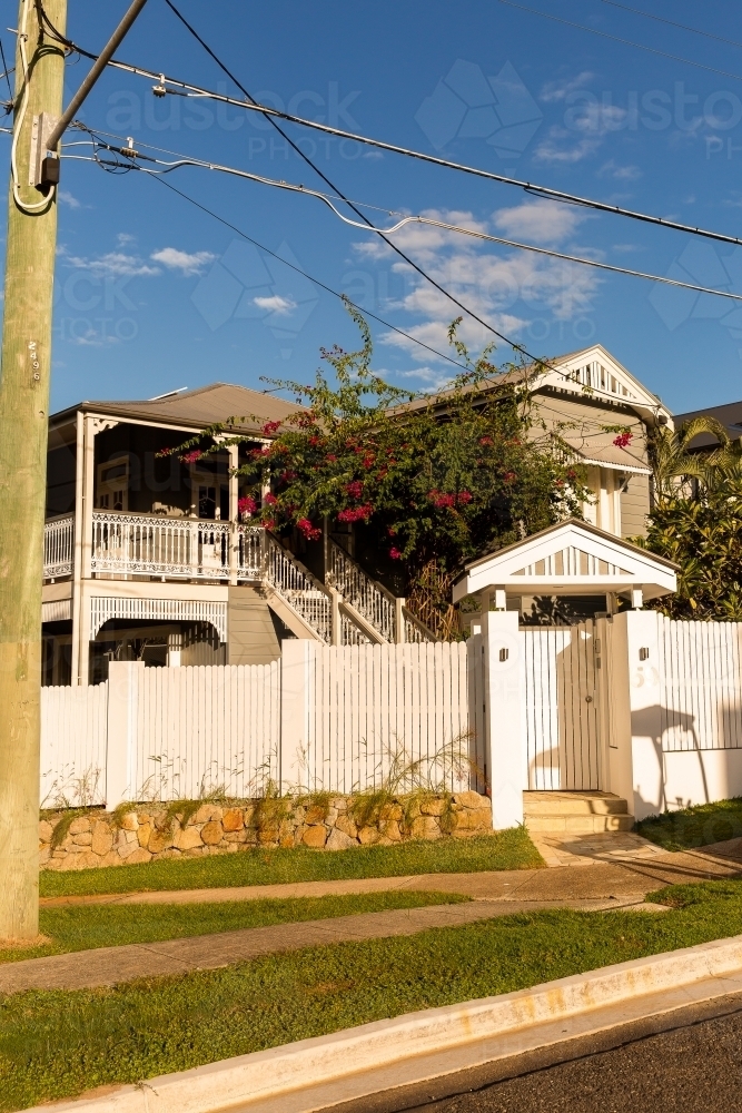 grey and white renovated Queenslander on a corner block at golden hour - Australian Stock Image