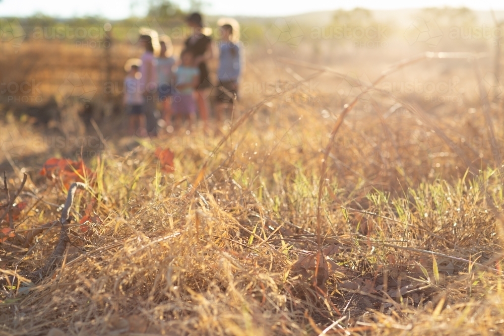 Group of children blurred behind dry grass in rural setting - Australian Stock Image