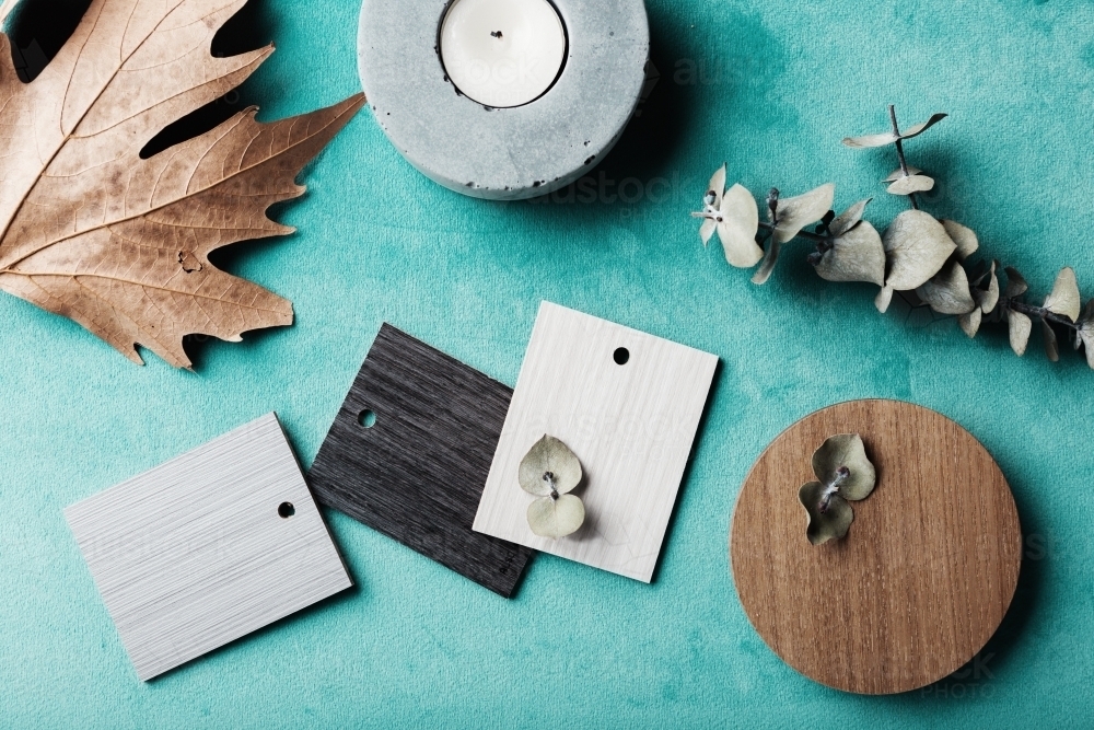 Group of muted wood and laminte swatches flat lay - Australian Stock Image
