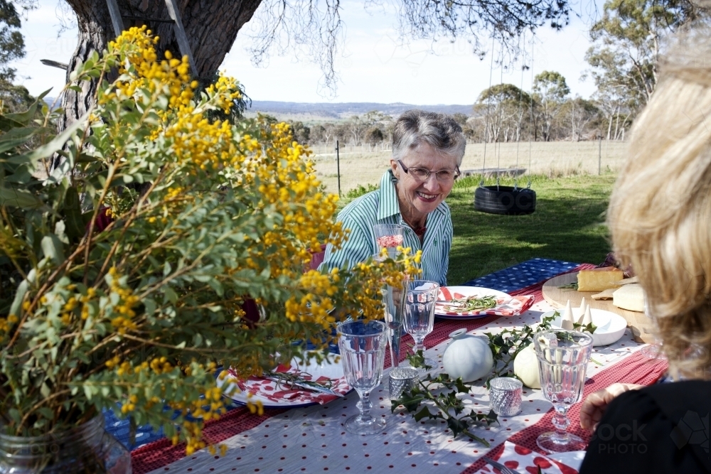 Group of people sitting at a table outside on Christmas day - Australian Stock Image