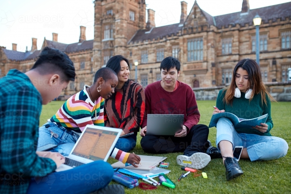 Group of young university students hanging out sitting on grass studying and using devices - Australian Stock Image