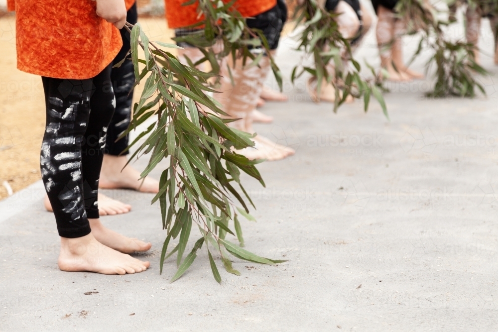 Gum leaves and legs of aboriginal dancers performing cleansing dance at ceremony - Australian Stock Image
