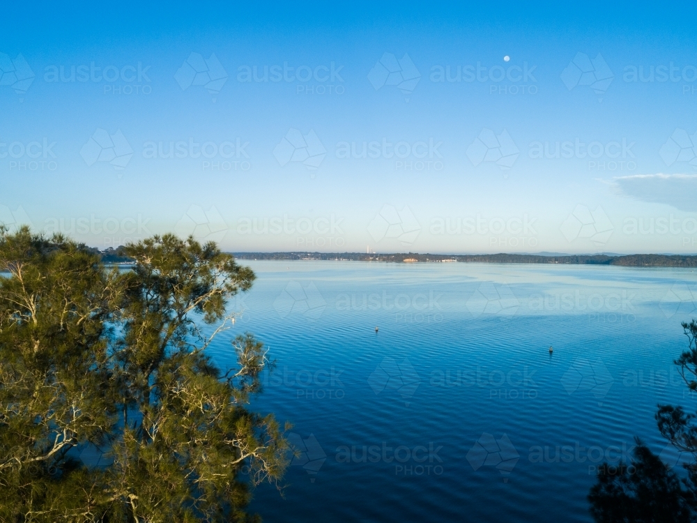 Gum tree branches framing blue lake water in early morning light - Australian Stock Image