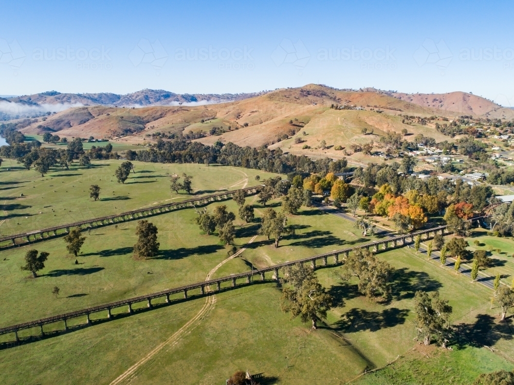 Gundagai Historic Bridges in autumn, aerial - Australian Stock Image