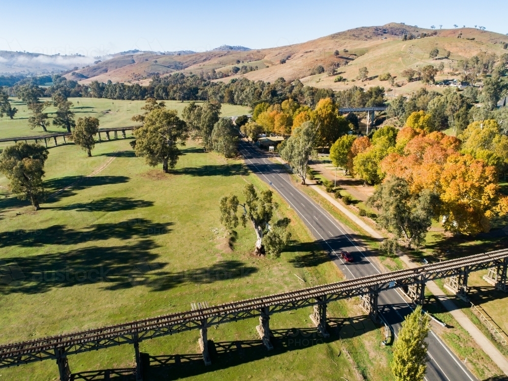 Gundagai Historic Bridges in autumn, aerial - Australian Stock Image