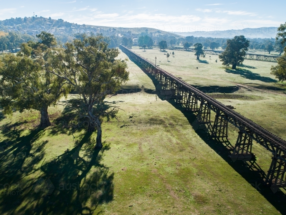 Gundagai Historic Bridges in autumn, aerial - Australian Stock Image