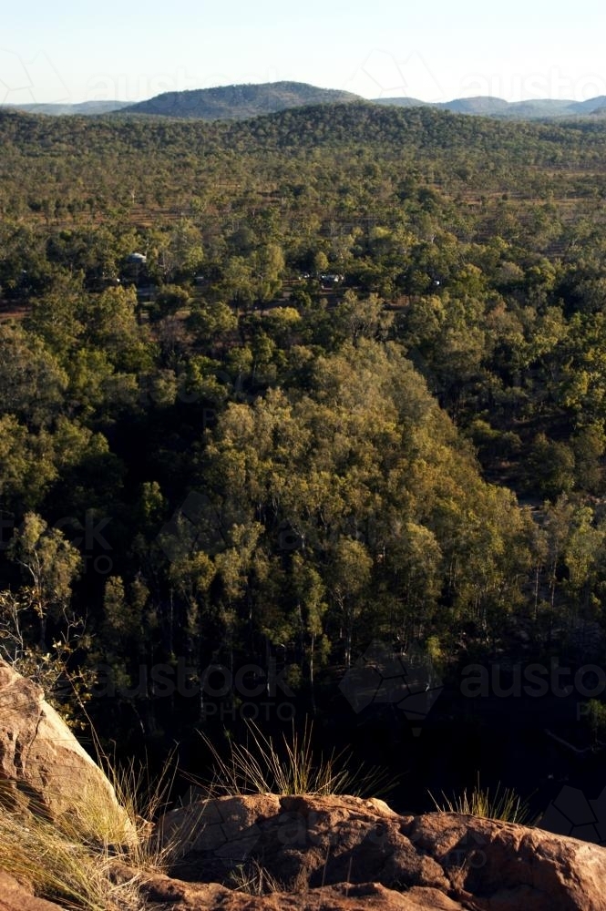 Gunlom Lookout over campsite to horizon - Australian Stock Image