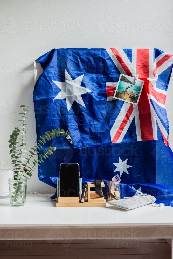 hall table with flag and phone - Australian Stock Image