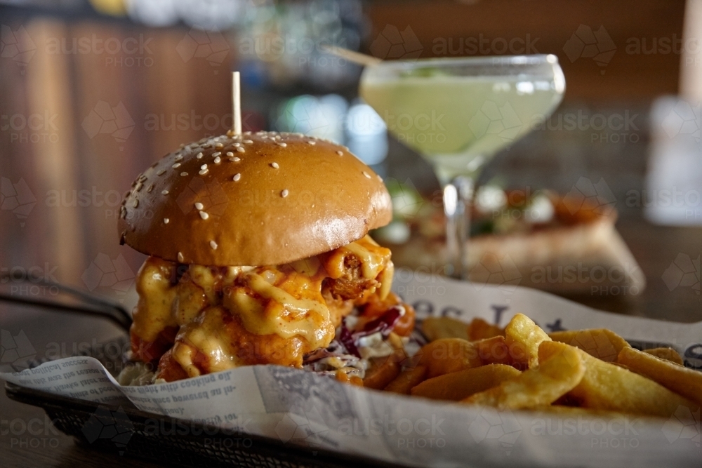 Hamburger lunch meal on table - Australian Stock Image