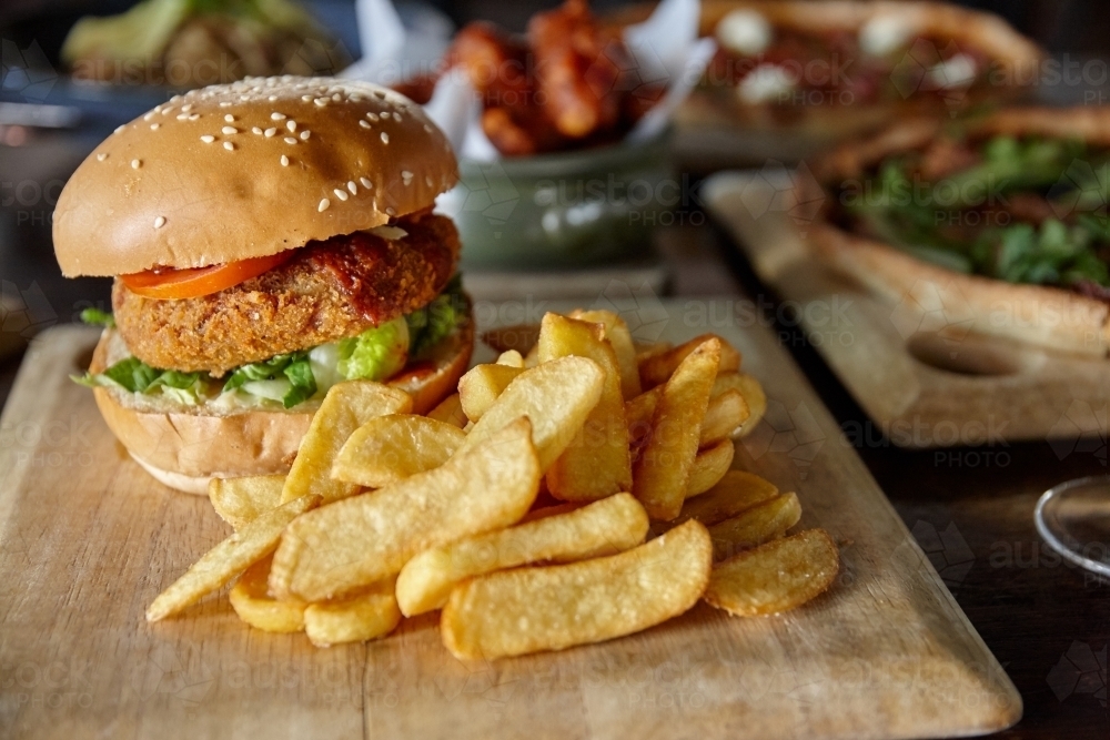 Hamburger lunch meal on table - Australian Stock Image