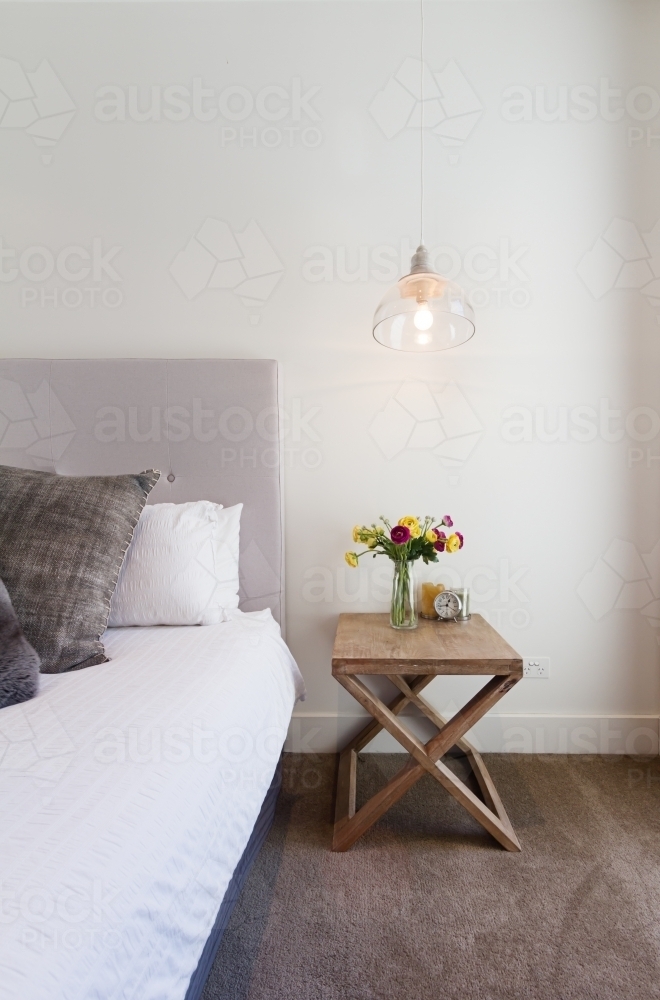 Image Of Hamptons Styled Bedside Table With Hanging Pendant