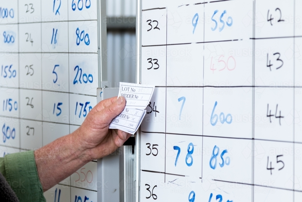 Hand holding cards with numbers on whiteboard - Australian Stock Image