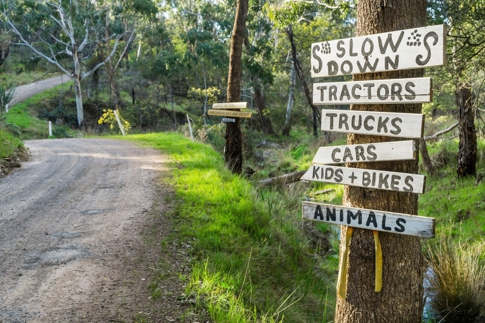 Hand painted signs nailed to a tree along a bush track - Australian Stock Image