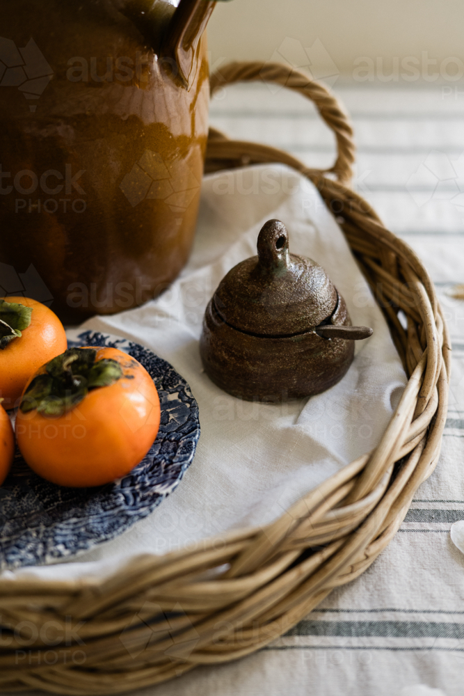 handmade salt pot on a vintage dining table scene - Australian Stock Image