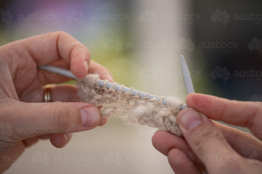 Hands displaying a small piece of knitting - Australian Stock Image