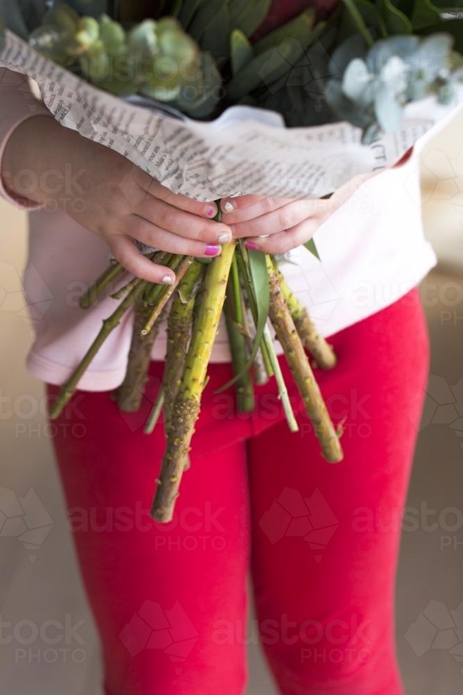 Hands of a young girl holding a bunch of flowers - Australian Stock Image