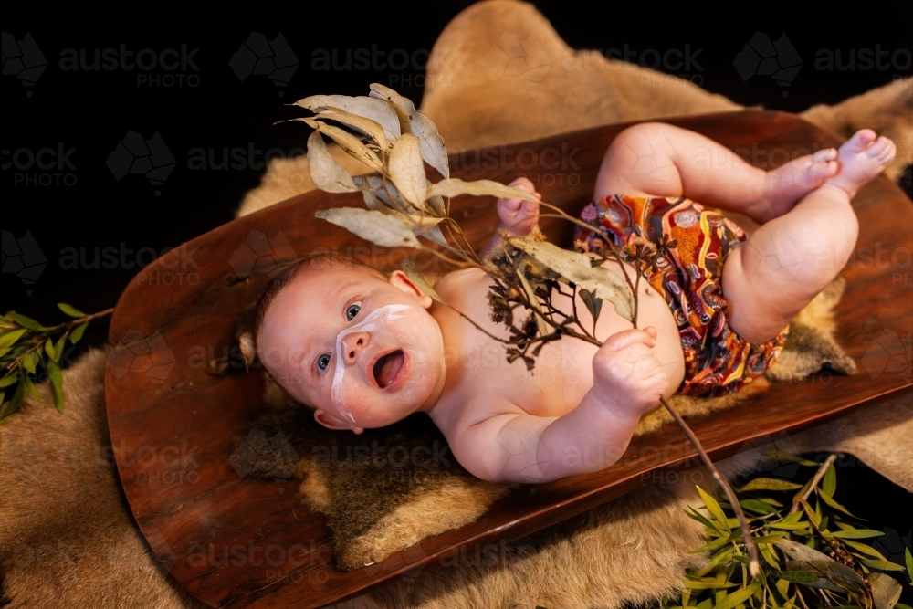 Happy Aboriginal baby boy lying on possum skin in coolamon cradle holding gum leaves - Australian Stock Image