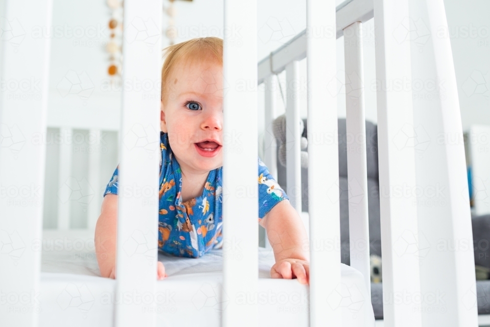 Image of Happy aussie baby crawling around cot at eight months old