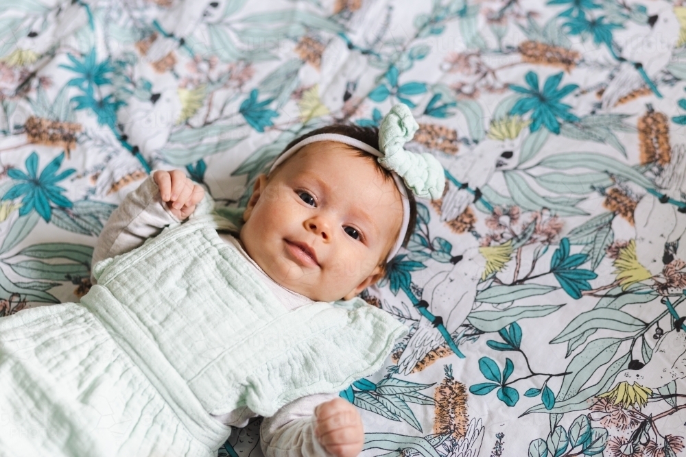 Happy eleven week old baby in dress and bow smiling up - Australian Stock Image