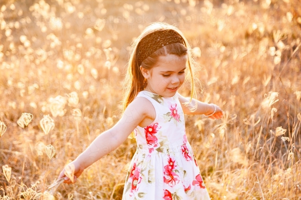 Happy little girl laughing and spinning in sunlit grass - Australian Stock Image