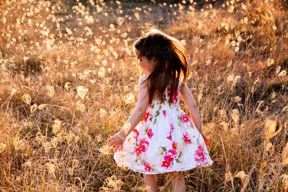 Happy little girl laughing and spinning in sunlit grass - Australian Stock Image