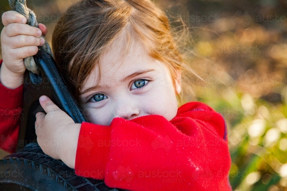 Happy little girl on a tire swing looking at the camera in the backyard - Australian Stock Image