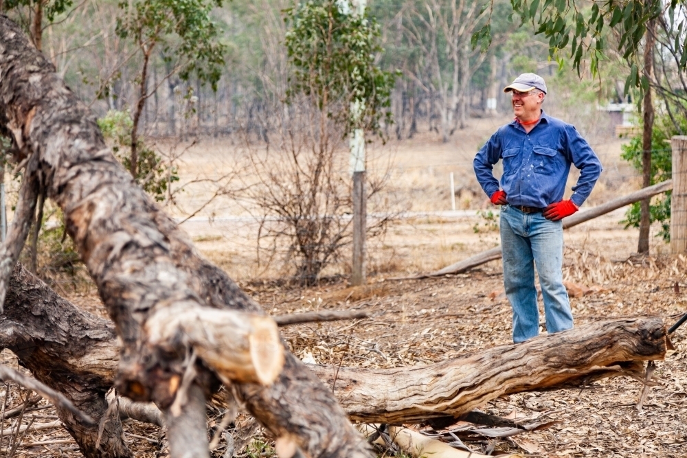 Happy man looking at fallen branches in paddock job well done - Australian Stock Image