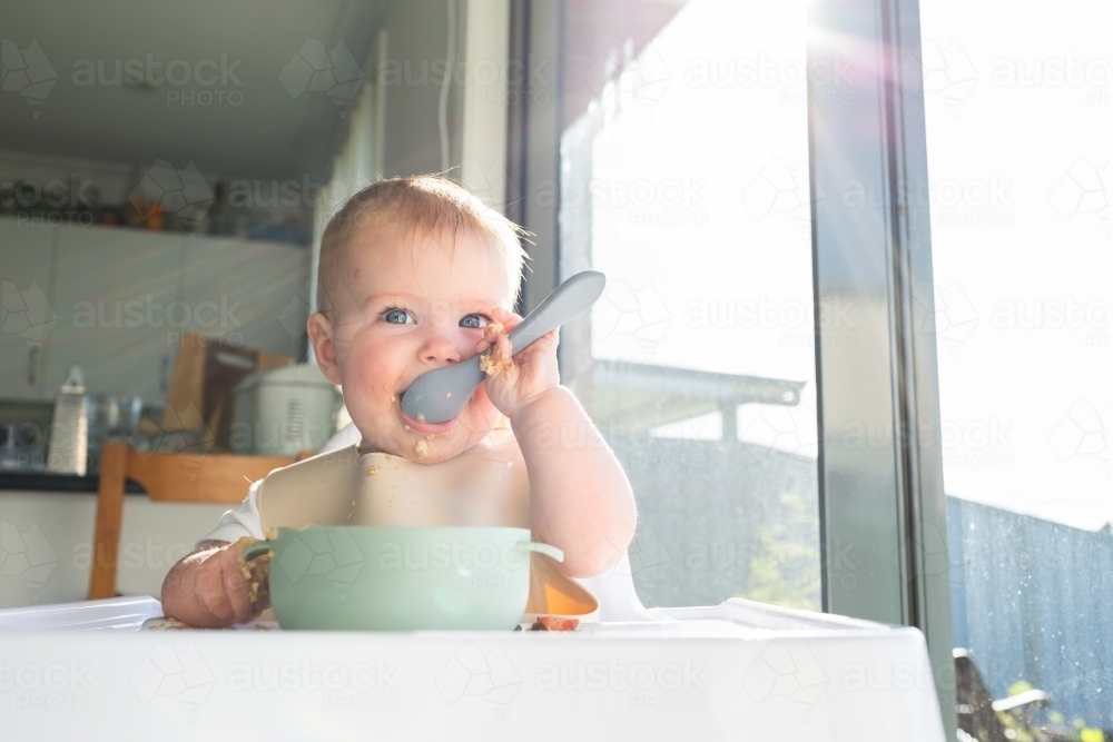 Happy seven month old baby eating breakfast in highchair in morning sunlight - Australian Stock Image