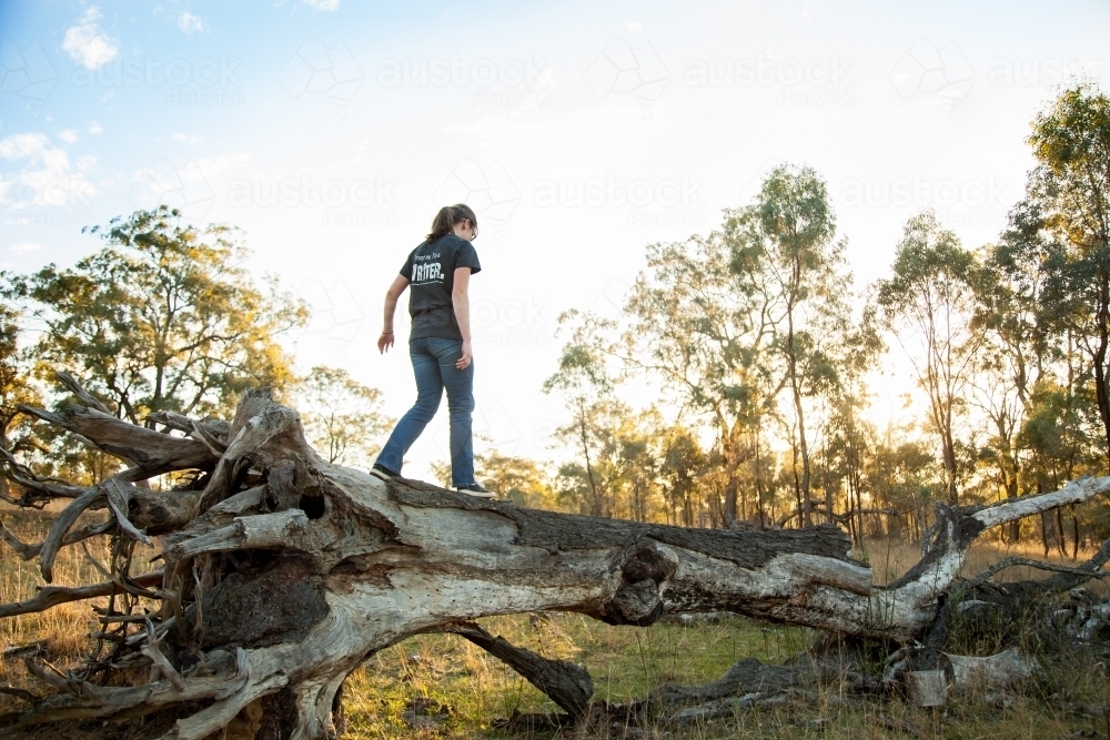 Happy teen girl walking along a fallen tree stump in paddock - Australian Stock Image